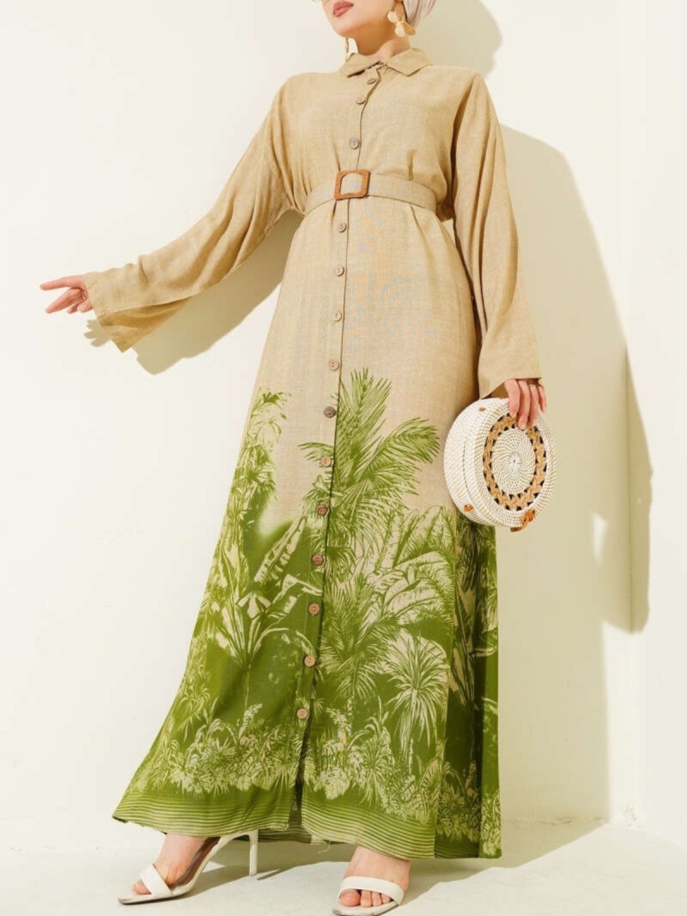 Modest Belted Shirt Dress with Tropical Print Hem – XL